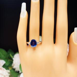 Lab Blue Sapphire Oval, CZ Accents Ring