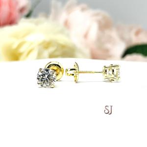 Moissanite 14k Gold Stud Earrings - Authentic round moissanites - Solid gold screw back settings - FREE 3RD DAY UPS