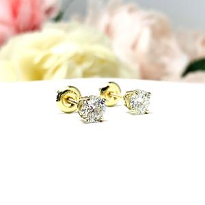 Moissanite 14k Gold Stud Earrings - Authentic round moissanites - Solid gold screw back settings - FREE 3RD DAY UPS