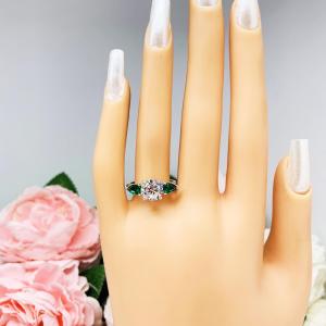 Round CZ Lab Emerald 3 Stone Engagement Ring - Pear Side Stones - Sterling Silver