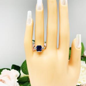 Lab Blue Sapphire Radiant Ring with Round CZ Accents Size 7
