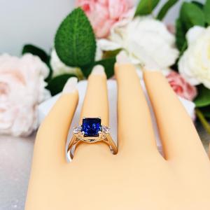 Lab Blue Sapphire Radiant Ring with Round CZ Accents Size 7
