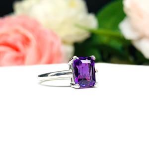 Natural African Amethyst Emerald Cut Ring - AAA quality gemstone - Sterling silver setting