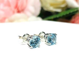 Round Sky Blue Topaz Stud Earrings - 6mm genuine gemstones - Sterling silver basket settings - March birthstone gift alternative