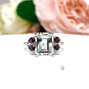 Emerald Cut Natural White Topaz Wine Color Garnet Accents Ring Size 8 FINAL SALE