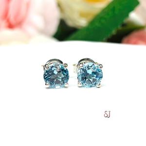 Round Sky Blue Topaz Stud Earrings - 6mm genuine gemstones - Sterling silver basket settings - March birthstone gift alternative