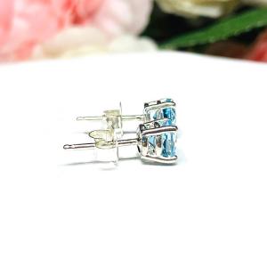 Round Sky Blue Topaz Stud Earrings - 6mm genuine gemstones - Sterling silver basket settings - March birthstone gift alternative