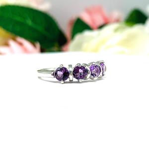 African Amethyst Five Stone Sterling Silver Ring Natural 4mm Round February Birthstone SIZE 7 FINAL SALE