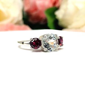 Round Natural White Topaz Wine Color Garnet Three Stone Ring