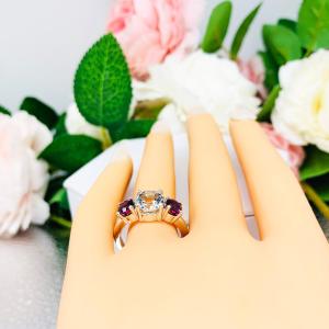 Round Natural White Topaz Wine Color Garnet Three Stone Ring