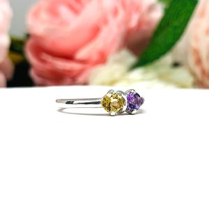 February Amethyst and November Citrine Two Stone Mother Family Birthstone Ring 4mm Round SIZE 6 FINAL SALE
