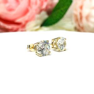 Round Near Colorless CZ Basket 10k Gold Stud Earrings