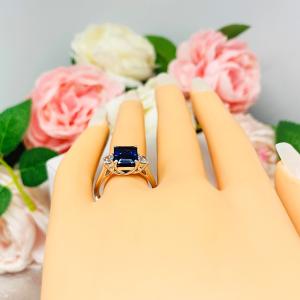 Lab Blue Sapphire Emerald Cut Ring Round CZ Accents