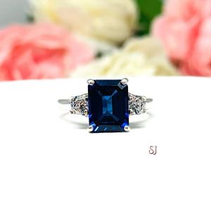 Lab Blue Sapphire Emerald Cut Ring Round CZ Accents