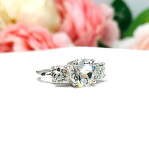 Natural White Topaz 3 Stone Engagement Ring - 8mm and 5mm round stones - Sterling silver setting