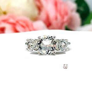 Natural White Topaz 3 Stone Engagement Ring - 8mm and 5mm round stones - Sterling silver setting
