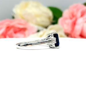 Lab Blue Sapphire Emerald Cut Ring Round CZ Accents