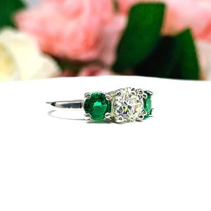 Round CZ Lab Created Emerald 3 Stone Engagement Ring - Sterling Silver