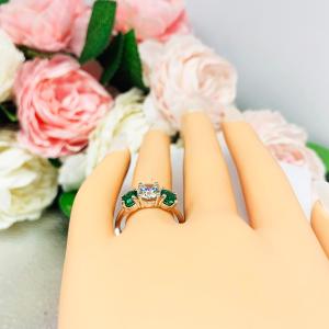 Round CZ Lab Created Emerald 3 Stone Engagement Ring - Sterling Silver