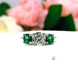 Round CZ Lab Created Emerald 3 Stone Engagement Ring - Sterling Silver