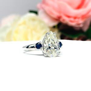 Pear Near Colorless CZ Round Lab Blue Sapphire Engagement Ring