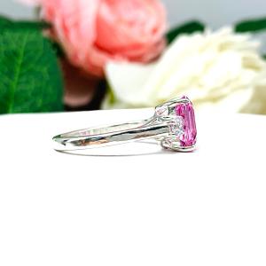 Lab Padparadscha Sapphire Emerald Cut CZ Accents Ring