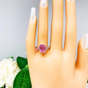 Lab Padparadscha Sapphire Emerald Cut CZ Accents Ring