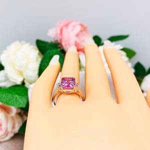Lab Padparadscha Sapphire Emerald Cut CZ Accents Ring