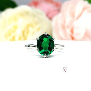 Lab Created Emerald Oval 6 Prong Ring Sterling Silver