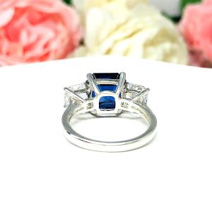 Lab Created Blue Sapphire CZ Asscher Three Stone Ring