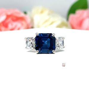 Lab Created Blue Sapphire CZ Asscher Three Stone Ring