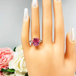 Lab Padparadscha Sapphire Elongated Cushion Ring 12x10mm Round CZ Accents