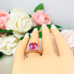 Lab Padparadscha Sapphire Elongated Cushion Ring 12x10mm Round CZ Accents