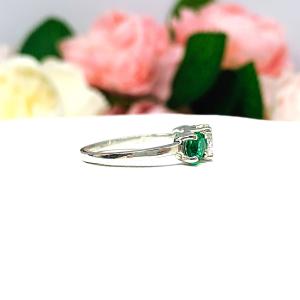 Round CZ Lab Created Emerald 3 Stone Engagement Ring - Sterling Silver