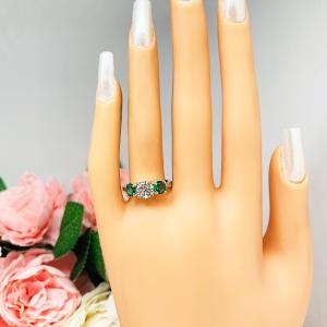 Round CZ Lab Created Emerald 3 Stone Engagement Ring - Sterling Silver