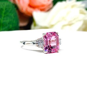 Lab Padparadscha Sapphire Emerald Cut CZ Accents Ring