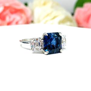 Lab Created Blue Sapphire CZ Asscher Three Stone Ring