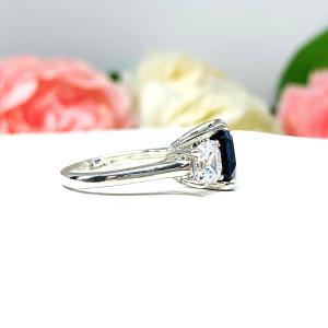 Lab Created Blue Sapphire CZ Asscher Three Stone Ring