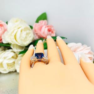 Lab Created Blue Sapphire CZ Asscher Three Stone Ring