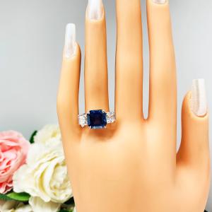 Lab Created Blue Sapphire CZ Asscher Three Stone Ring
