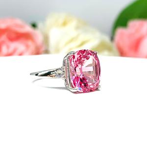 Lab Padparadscha Sapphire Elongated Cushion Ring 12x10mm Round CZ Accents