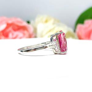 Lab Padparadscha Sapphire Elongated Cushion Ring 12x10mm Round CZ Accents