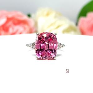 Lab Padparadscha Sapphire Elongated Cushion Ring 12x10mm Round CZ Accents