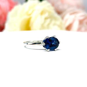 Lab Blue Sapphire Oval East West Horizontal Set Ring