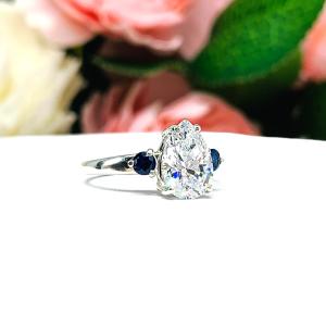 Pear CZ Lab Blue Sapphire Accents Engagement Ring
