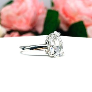 Lab White Sapphire Pear Engagement Ring 3mm Wide Band