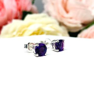 Amethyst Stud Earrings - 6mm natural gemstones - Sterling silver basket settings - February birthstone gift