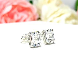 Lab White Sapphire Emerald Cut Stud Earrings