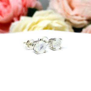 Rainbow Moonstone Stud Earrings - 6mm round gemstones - Sterling silver settings - June birthstone gift