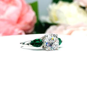 Round CZ Lab Emerald 3 Stone Engagement Ring - Pear Side Stones - Sterling Silver